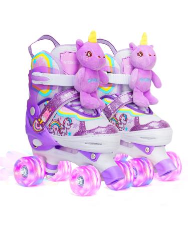 Unicorn Doll Kids Toddler Roller Skates for Girls,WESKIFAN Quad Skating Shoes with Shiny Light up Wheels&Adjustable Sizes Beginners rollerskates for Birthday Xmas Gifts,Patines para Nias Nios XS(9.511.5C) Purple
