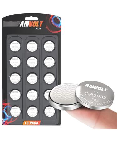 AmVolt 15 Pack CR2032 Batteries Extended Life 220mAh 3 Volt Lithium Replacement Airbag 3v C2032 Watch Battery Coin Round Button Cell - Key FOB - Child Resistant | 5 Year Guarantee Shelf-Life
