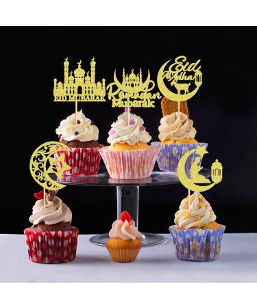 Cyodoos 25Pcs Eid Mubarak Cupcake Toppers Happy Eid Moon Star Ramadan Kareem Cupcake Picks for Eid Islamic Muslim Theme Party Cake Decorations Supplies - Gold Glitter Golden2 - Buy Online on GoSupps.com