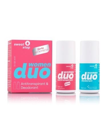 SweatStop Duo Pack of 2 x 50 ml bottles antiperspirant and deodorant for women - Against sweat and odor - Against sweat for sensitive skin - Duo Power Protection