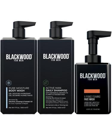 Blackwood For Men Pure Moisture Body Wash (17 oz) Active Man Daily Shampoo (17 oz) and X-Punge Foaming Face Wash (4.55 oz) Bundle for Men