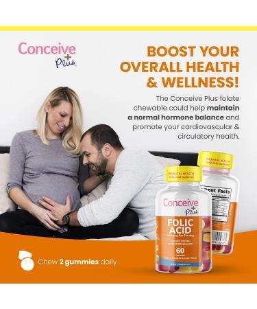 Conceive Plus Folic Acid Gummies - 800mcg Folate Supplement for Women | Natural Chewable Gummy | 3 Fruit Flavors | Non-GMO | 60 Count - Buy Online on GoSupps.com