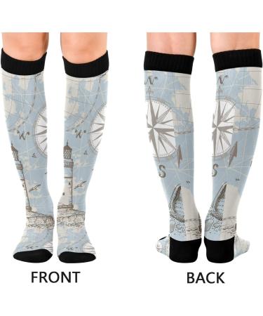 Haskirky High Elasticity Compression Socks - 2 Pairs, Adult Universal Knee High Socks for Leisure, Fatigue Relief, Travel, and Running - Compass, Lighthouse, Anchor, Seashells Design - Buy Online on GoSupps.com