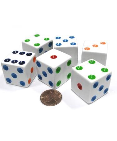 Set of 6 D6 25mm Large Opaque Jumbo Dice - White with Multicolor Pip by Koplow Games