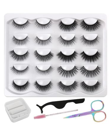 Leezead 10 Pairs of Reusable Eyelashes Natural Look False Lashes Pack Handmade Fluffy False Eyelashes 3D Volume Faux Mink Lashes Pack Waterproof Fake Eyelashes with Eyelashes Tools for Women Girls Eyelashes A