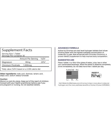Active H2+ Chromax Hydrogen Water Tablets with Chromium Supports Metabolism and Energy Molecular Hydrogen and Chromium Supplement 30 Tablets - Buy Online on GoSupps.com