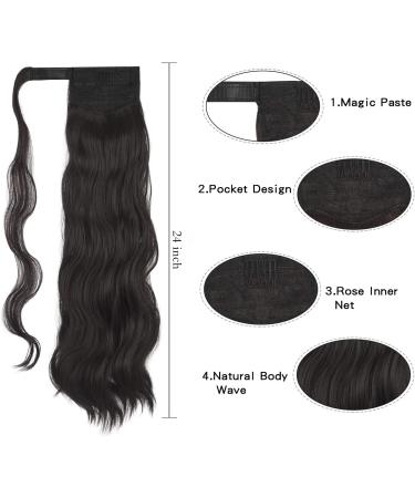 FESHFEN Long Wavy Ponytail Extension 60cm - Darkest Brown to Black - Synthetic Hairpiece for Women - Clip in Curly Ponytail - Buy Online on GoSupps.com