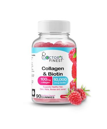 DOCTORS FINEST Collagen and Biotin 10000mcg Gummies Vegan GMO-Free Gluten Free Natural Raspberry Flavor Gummy Vitamins for Hair Growth Hair Skin and Nails Dietary Supplement 90 Gummies