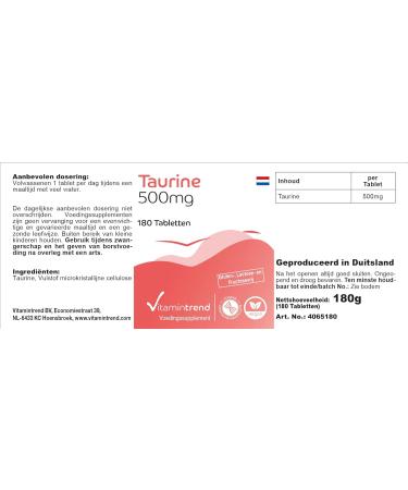 Taurine 500mg - 180 Tablets | Vegan High-Dose Supplement | 6-Month Supply | Buy Online at Vitamintrend  - Buy Online on GoSupps.com