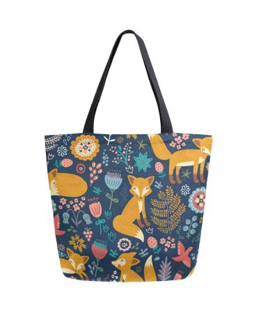 ZzWwR Cute Forest Fox Floral Extra Large Canvas Shoulder Tote Top Handle Bag for Gym Beach Weekender Travel Shopping