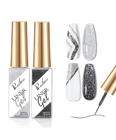 Rechoo 2PCs black & silver reflective glitter gel for gelails 8ml black & silver glitter gel liner for Drawing lines Sparkly Shiny gel nail polish for nail design nail art color angel nail angel e-2pcs black & silver glitter