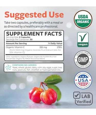 Certified Organic Vitamin C Supplement - Whole Food Acerola Vitamin C Immune Support Supplement for Seasonal Wellness with Naturally Occurring Bioflavonoids Polyphenols & Cofactors (1 Month Supply) Organic Vitamin C 60 Count - Buy Online on GoSupps.com