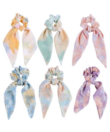 Cutewing Hair Scrunchies Scarf Chiffon Hair Scarf Ties Ponytail with Scarf Tie Dye hair scarves Strong Elastic Hair Scrunchy Hair Bows Hair Bands Hair Accessories for Women Girls with 6PCS NO9A