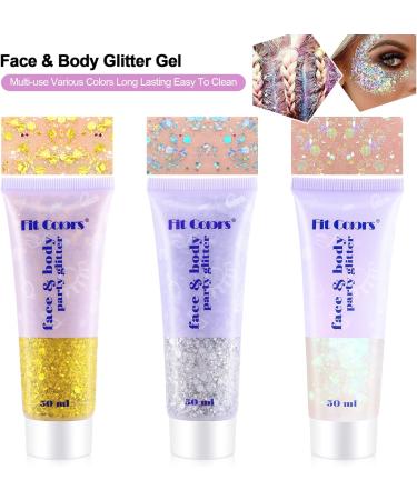 Pamiyo Glitter Gel 3 x 50ml - Face Body Sequins for Hair Lips Nails | White Gold & Silver Mermaid Liquid Eyeshadow for Festive Occasions - Buy Online on GoSupps.com
