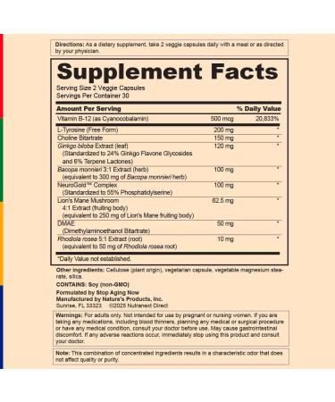 Stop Aging Now - Brain Supplement Complex - with Ginkgo Biloba Lion's Mane Bacopa and DMAE - 60 Vegetarian Capsules - Advanced Blend - Buy Online on GoSupps.com