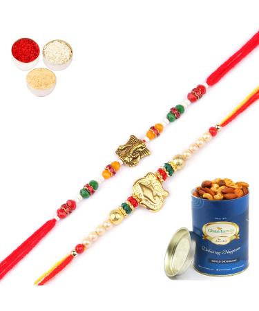 Ghasitaram Gifts Rakhi for Brother Rakhis Online - Set of 2-6971 and R-2110 Rakhi Threads with 100 GMS of Dryfruits Mix Can