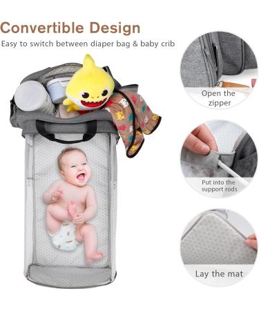 SONARIN Convertible Baby Changing Bag with Folding Crib - Waterproof Large Capacity Nappy Changing Tote Bag - Travel Diaper Bag with Changing Mat in Grey - Buy Online on GoSupps.com