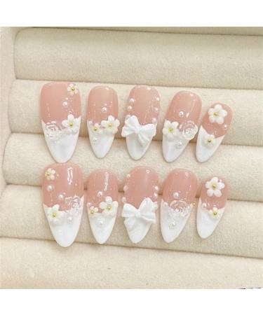 Nail Tips False Nails Tips Art Press on Nails Aurora Almond Handmade Press On Nails Full Cover Bowknot Design French Fake Nail Artificial Manicure Nails(7 Size S)