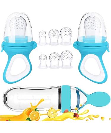 Baby Food Feeder Fresh Food - 2 Pack Fruit Feeder Pacifier 6 Different Sized Silicone Pacifiers | Baby Food Dispensing Spoon | Baby Feeding Set | Fresh Frozen Fruit Teething Toy (Light Blue)
