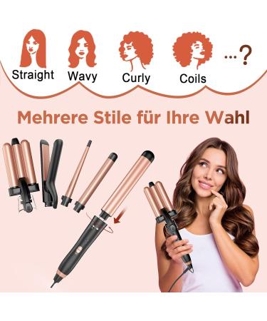 5-in-1 Lockenstab: 3 Barrel Hair Curler with Adjustable Temperature Smoothing Iron & Accessories - Red Gold - Buy Online on GoSupps.com