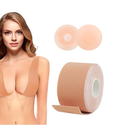 REFUN Boob Tape, Boobytape for Breast Lift with 2pcs Reusable Silicone Cover, Bob Tape for Large Breasts A-G Cup Size, Waterproof & Comfortable Breast Lift Tape, Invisible Under Clothing Beige