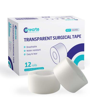 Conkote Transparent Medical Tape 1" x 10 Yards, First Aid Adhesive Clear Surgical Bandage Tape for Wound Care, 12 Rolls