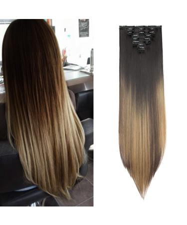 Silk-co Clip in Hair Extensions 8Pcs 26inch Straight Synthetic Heat Resistant Hairpiece Extension -Natural Black to Blonde Ombre 26 Inch Straight #Natural Black to Blonde Ombre