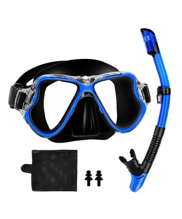 Snorkelfun Dry Snorkeling Gear for Adults, Panoramic Wide View Snorkel Mask, Professional Scuba Mask and Snorkel, Anti-Fog Tempered Glass Diving Snorkel Set Black Blue