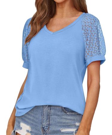 MALAIDOG Womens Lace Puff Sleeve Tunic Blouse - Floral V Neck Tee, Summer Flowy Top Blue - Buy Online on GoSupps.com
