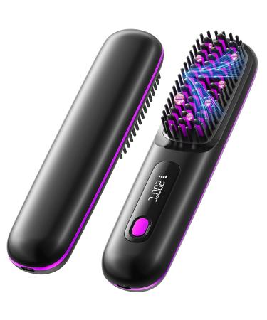 Cordless Hair Straightener Brush Portable Anion Hair Straightener Brush for Women Lightweight Ceramic Coating Negative Ion Anti-Scald Hair Straightener for Women Travel Styling Hairstyler Salon Black