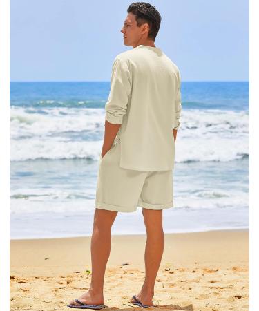 COOFANDY Men's Cotton Linen 2-Piece Set: Henley Shirts & Beach Shorts - Beige XL - Buy Online on GoSupps.com