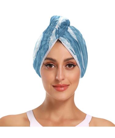 Cartoon Blue Waves Hair Towel 2 Pack Super Absorbent Hair Drying Towel Quick Dry Hair Turbans Head Towel with Button Twisty Wrap for Women Girls