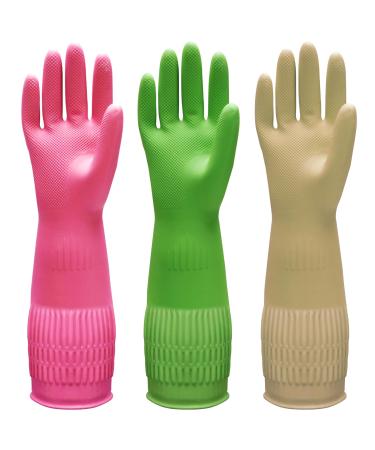 Bamllum 3 Pairs of Rubber Dishwashing Gloves for Kitchen and Household Cleaning – Long Cuff 15" Reusable Flexible Long-lasting and Non-Slip (Red+Yellow+Green Medium) Medium Red+yellow+green