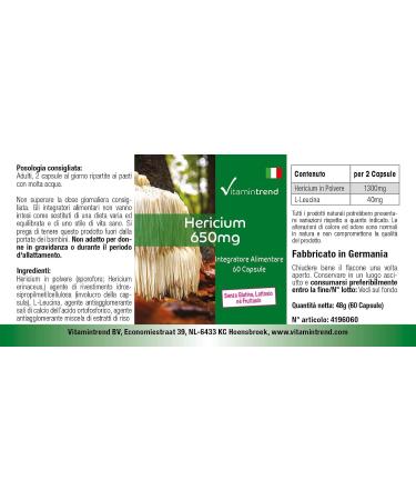 Hericium Powder 650 mg - 60 Capsules Functional Vital Fungus Adaptogen Highly Dosed Vegan | Vitamintrend  - Buy Online on GoSupps.com