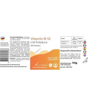 Vitamin B12 with Folic Acid 500 g Vitamin B12 & 100 g Folic Acid - Vegan -! FOR 6 MONTHS! High dosed - Box of 180 tablets - Buy Online on GoSupps.com