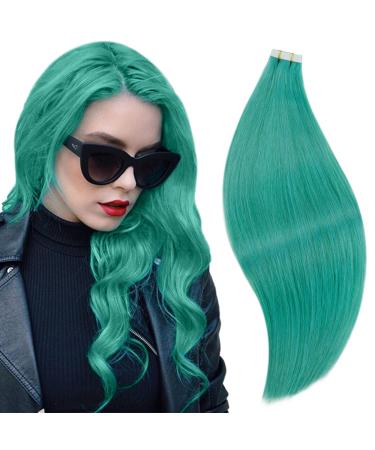 RUNATURE Teal Tape Hair Extensions Colored Tape in Hair Extensions Human Hair Blue-Green Tape in Extensions Real Human Hair 16 Inch 25 Gram 16 Inch Tape #Teal