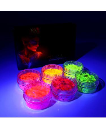 Glow in The Dark Glitter Eyeshadow Powder, Findinbeauty 6 Colors UV Glow Blacklight Chunky Cosmetic Glitter for Crafts, Festival, Rave, Yoga, Body, Face, Nails, Party Makeup 6color glitter