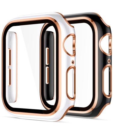 Charlam Compatible with Apple Watch Case 44mm SE Series 6 5 4 with Tempered Glass Screen Protector 2 Pack Classy Slim Overall Guard Case Cover Rose Gold Edge Black & Rose Gold Edge White Bumper Black/White 44mm