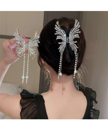 Hair Claw Clip 2PCS Butterfly Rhinestone pearl Hair Clamps Chinese Style Hanfu Hair Accessories Shark Clips for Women