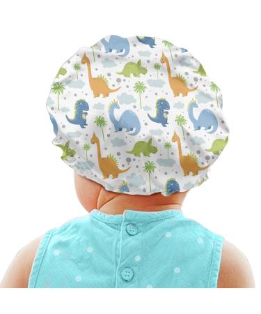 Babrukda Kids Hair Cover Bonnet Satin Sleep Cap Adjustable Elastic Band Beanie Hat for Night Sleeping Curly Natural Hair Cap Cover Dinosaur Adorable White Pattern for Girls Boys Toddler Children Baby