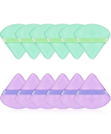 12 Pieces Powder Puff Triangle Powder Puff Soft Makeup Powder Puffs Reusable Powder Puff Triangle Dry Wet Velour Puff for Loose Powder Daily Makeup Foundation Cream Blush (Green & Purple)