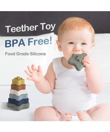 Baby Silicone Stacking Rings Set - Teething Toys for Boys & Girls 6+ Months - Educational Building Blocks Tower - Set of 6 Star Shape - Yellow & Green - Buy Online on GoSupps.com