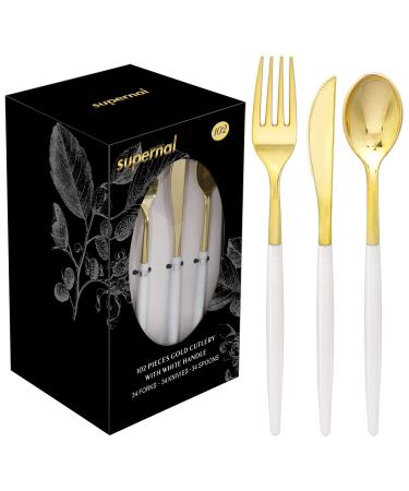 Supernal 102pcs Gold Plastic Cutlery, Durable Plastic silverware,Disposable Cutlerty with White Handle,Include 34 Forks,34 Knvies,34 Spoons, Suit for Wedding,Birthday,Party 102pcs Gold Plastic Cutlery with White Handle