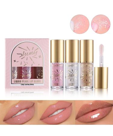 3 PCS Glitter Lip Gloss Hydrating Big Brush Head Lip Oil Shimmery Lip Glow Oil Lip Stain Long Lasting Shine Primer Lip Tint Plumper Gloss Lightweight Sheer Lip Care Oil Makeup Gift