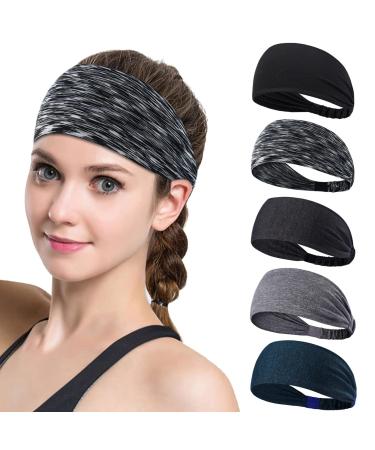 Ehfswrr Workout Headbands for Women Men Sweatband Yoga Elastic Wide Headbands Gym Sports Sweat Bands Moisture Wicking for Exercise Fitness Running Tennis Cycling Travel dark color 5 pcs