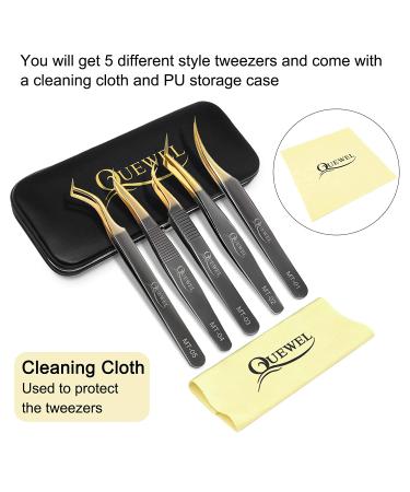 5-Piece Eyelash Extension Tweezers Set for Professional Lashes - Curved Tip Precision Tweezers for Volume Fans, Black Gold - Buy Online on GoSupps.com