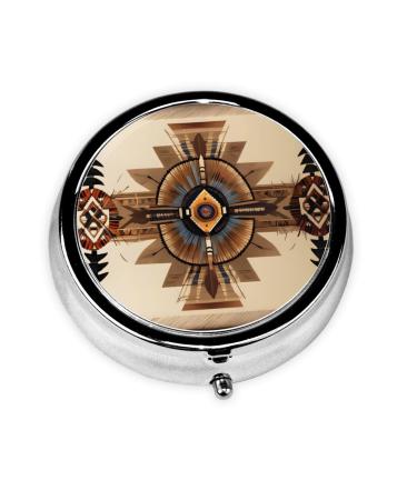Native American Portable Metal Pill Box Round Mini 3-Compartment Plastic Insert hinged Fastening Design Suitable for Small Pills Must-Have for Travel