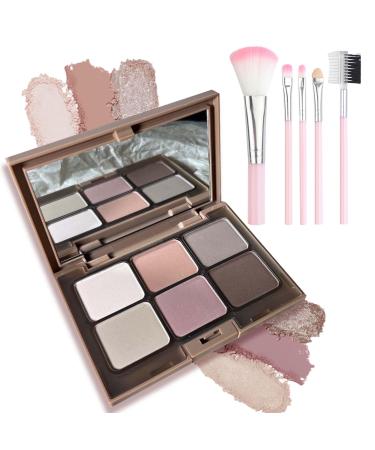 6 Colors Eyeshadow Palette Multi-purpose Long Lasting Blendable Eye Shadow Pallete Waterproof Eye Makeup Pallet Set with 5 Brushes Matte Highlighters Contour Blush Eyeshadow Makeup Palette for Women