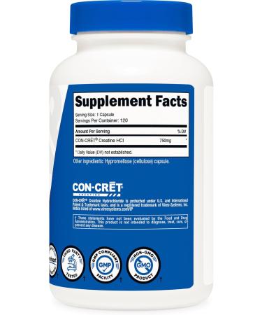 Nutricost Creatine HCl 120 Capsules - Made with CON-CRET Creatine 750 MG Per Capsule - Buy Online on GoSupps.com