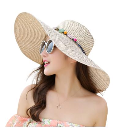 Lanzom Womens Wide Brim Straw Hat Floppy Foldable Roll up Cap Beach Sun Hat UPF 50+ Style A-khaki
